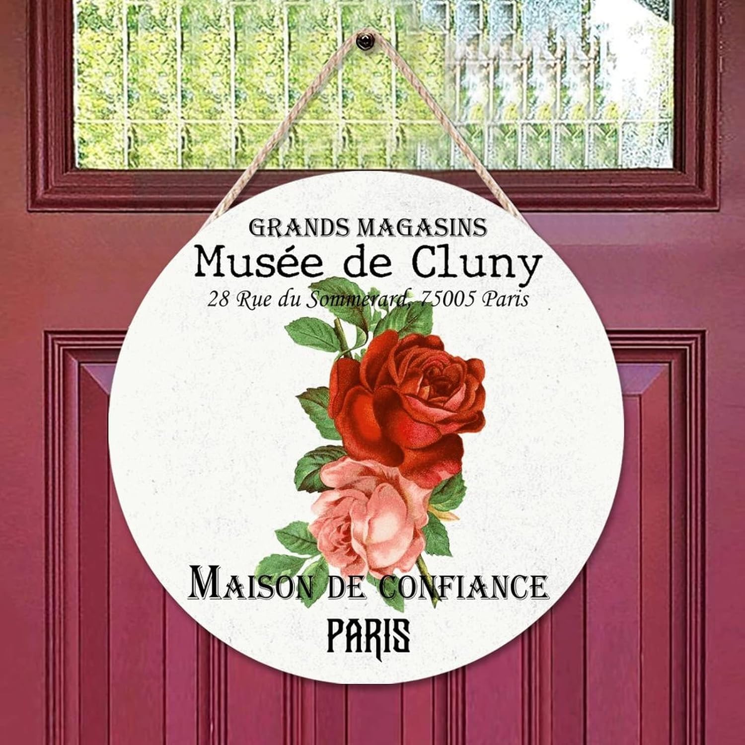 Vintage Flower Front Door Round Wood Sign, Vintage Wood Door Sign, 16x16in Custom Calligraphy Wall Door Hanging Sign for Front Door Entryway Porch Bar Pub Housewarming Gifts