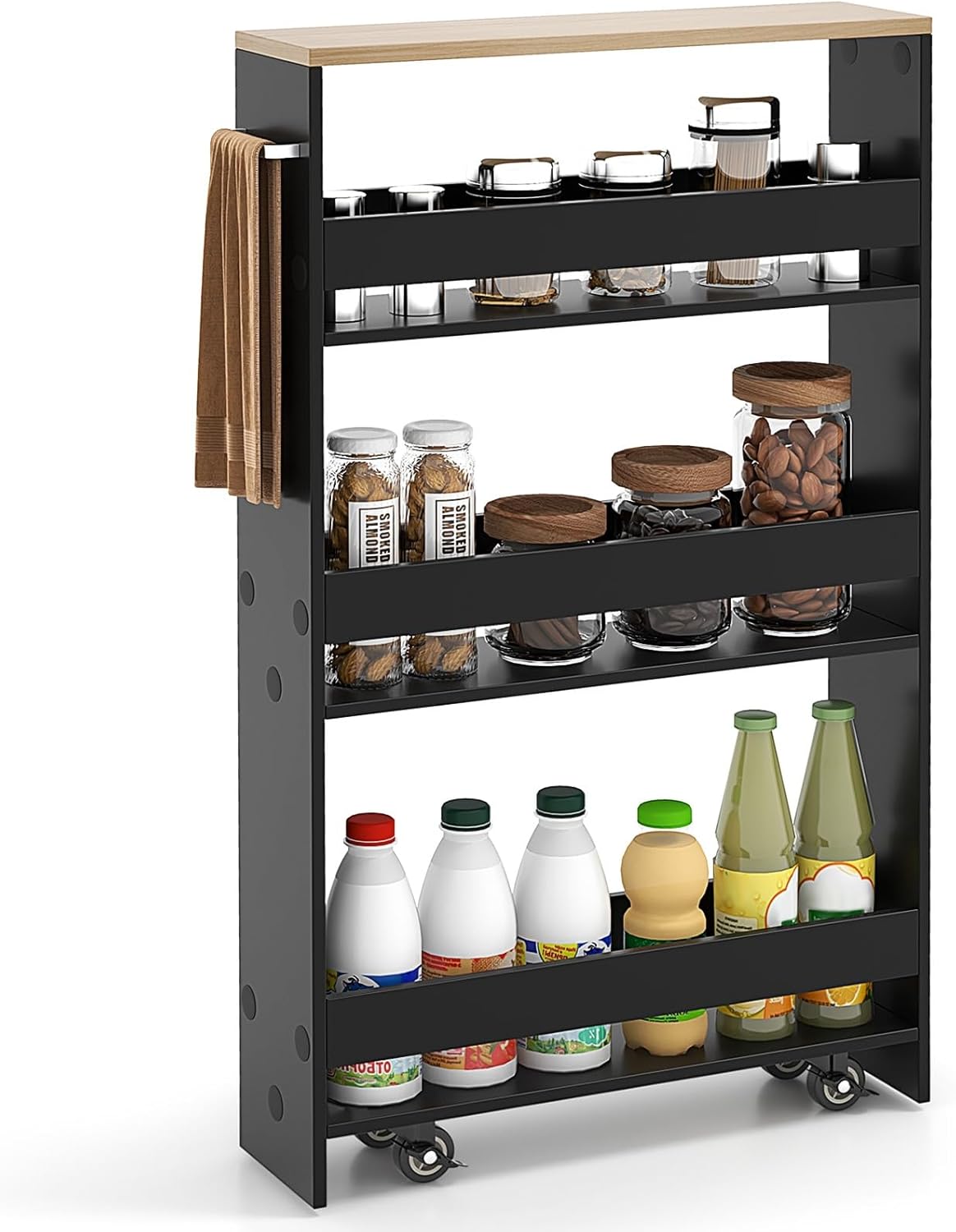 Slim Storage Rolling Cart, 4-Tier Side Out Shelving Unit with Handle, Mobile Organizer Utility Cart on Wheels for Laundry, Bathroom, Office, Kitchen, Narrow Places (Black)