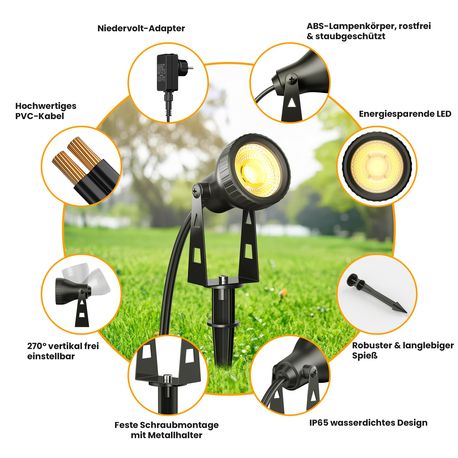 Zuske Gartenbeleuchtung LED Außen, 36FT/11m 4-in-1 Gartenleuchten mit Stecker, Gartenstrahler IP65 wasserdicht Wegbeleuchtung Bodenstrahler für Garten Terrasse Rasen Hof Einfahrt Partei