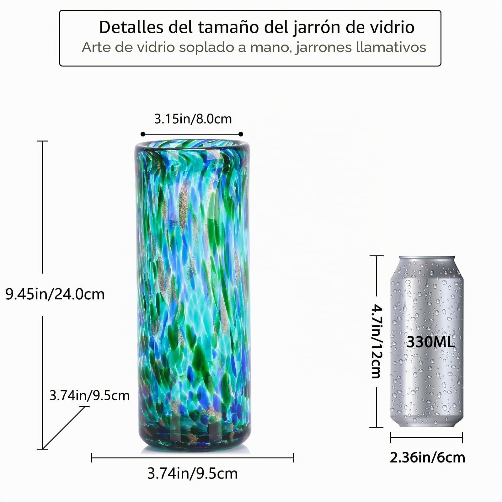Jarrón verde azulado de 9.45 pulgadas de alto, jarrón de vidrio soplado a mano, moderno, centros de mesa para el hogar, jarrones de boca ancha para decoración de brotes y flores, ideal para sala de