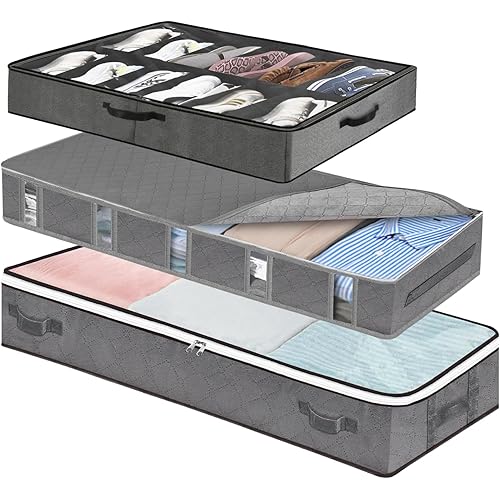 [Set of 3] OUMEDUO Under Bed Storage Containers for Clothes, Shoes, Quilt Blankets and More, Underbed Storage Bins with Clear Window (Gray)