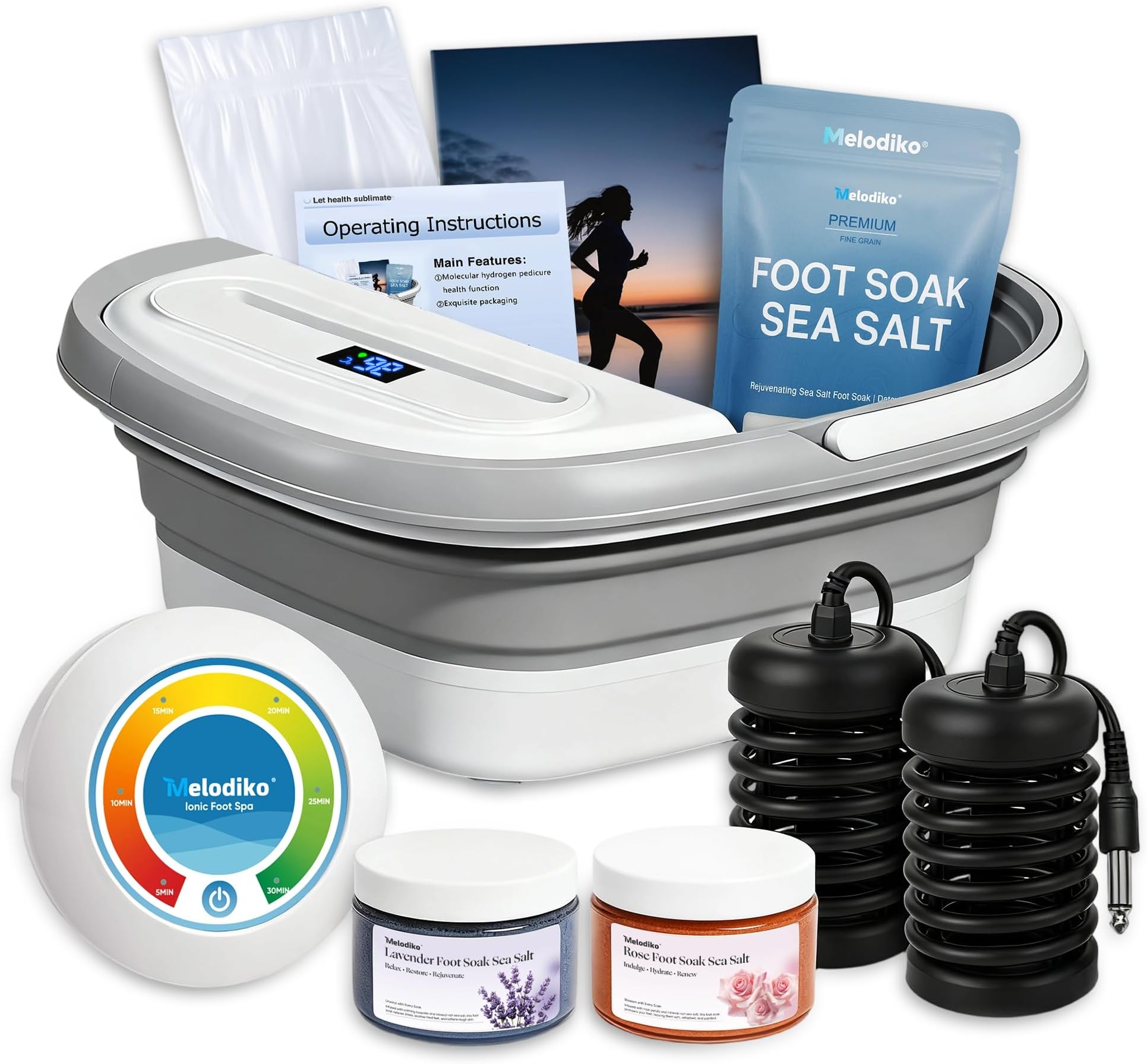 Ionic Foot Bath Detox Machine, Premium Ion Foot Spa for Home Use, Includes 3 Sea Salts (Original/Rose/Lavender), 2 Ion Arrays & Accessories, Perfect for Parents/Seniors/Partner/Self (Foldable Basin)