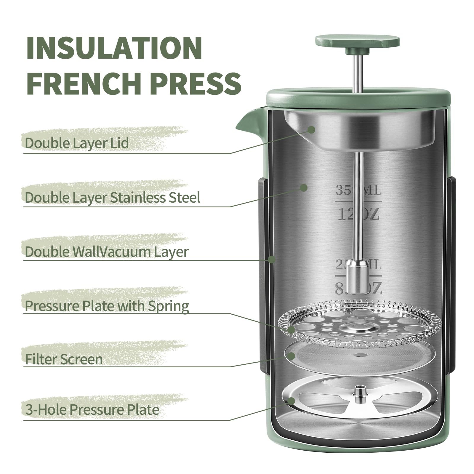 French Press Thermo – 350ml Stainless Steel Coffee Press, 2 Cup Cafetiere for Ground Coffee, Portable French Press