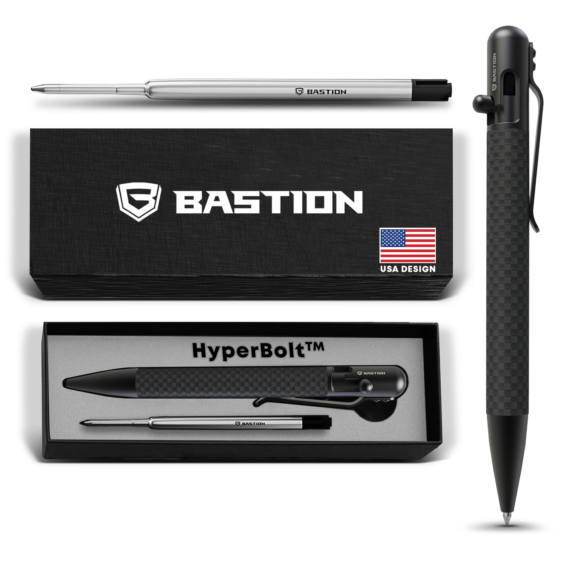 BASTIONLuxury Carbon Fiber Bolt Action Pen Durable Professional Ballpoint Pen for Travel, School and Work Birthday Gift Idea - Black Stainless Steel