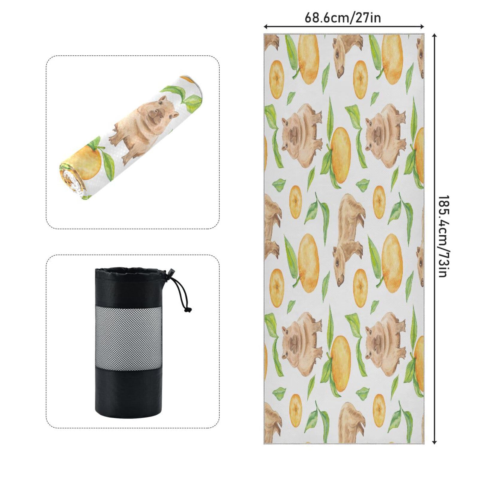 pnyoin Watercolor Capybaras Nature Yoga Towel,Hot Yoga Mat Towel with Grip Dots Sweat Absorbent Non-Slip for Hot Yoga, 24