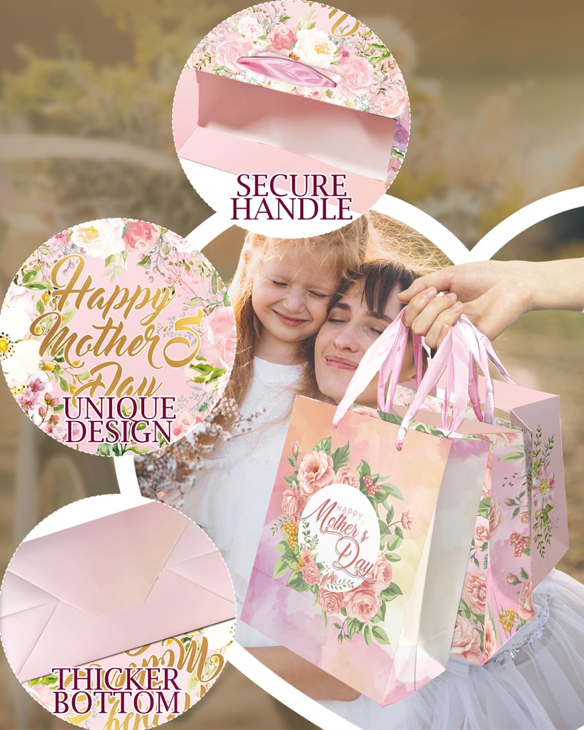 qiqee Pink Assorted Mother's Day Paper Bags with Tissue Paper 6PCS Cardboard Gift Bags for Women Mom Grandma Party Supply (4 PCS Medium Size+2 PCS Large Size+ Tissue Paper)