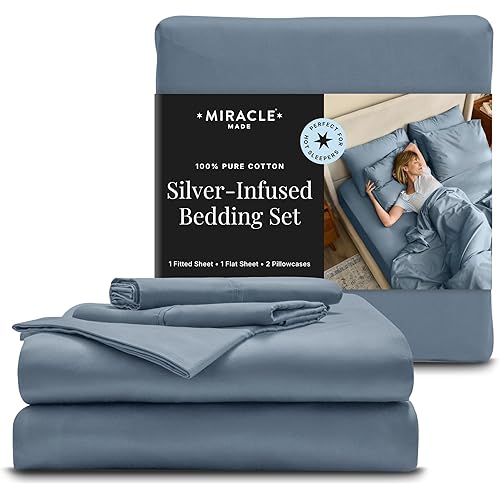 Miracle Made Breathable Cotton Bed Sheets, 4-Piece Set – Silver-Treated, Soft and Cool-to-the-Touch Lightweight Bedding Designed for Hot Sleepers – Queen Size, Slate Blue