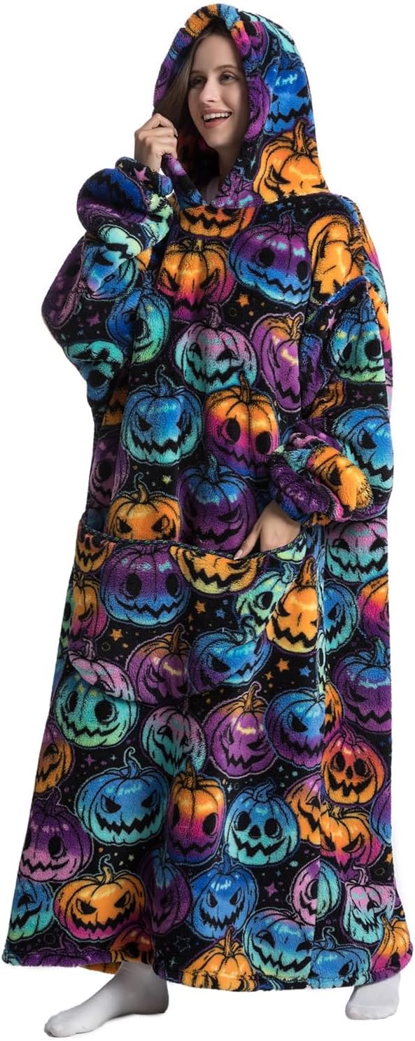 Women Hooded Wearable Blanket Sweatshirt Oversized Fleece Loungewear Print Warm Pajamas with Pocket for Winter Home Lounge