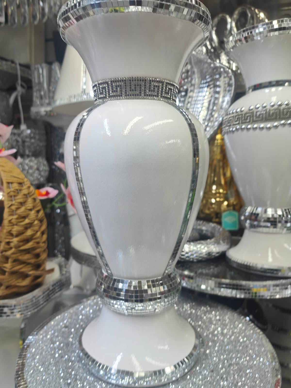 Biznest White & Silver Floor Vase Large 40Cm Sparkly Silver Mirrored Floor Vase Style 06