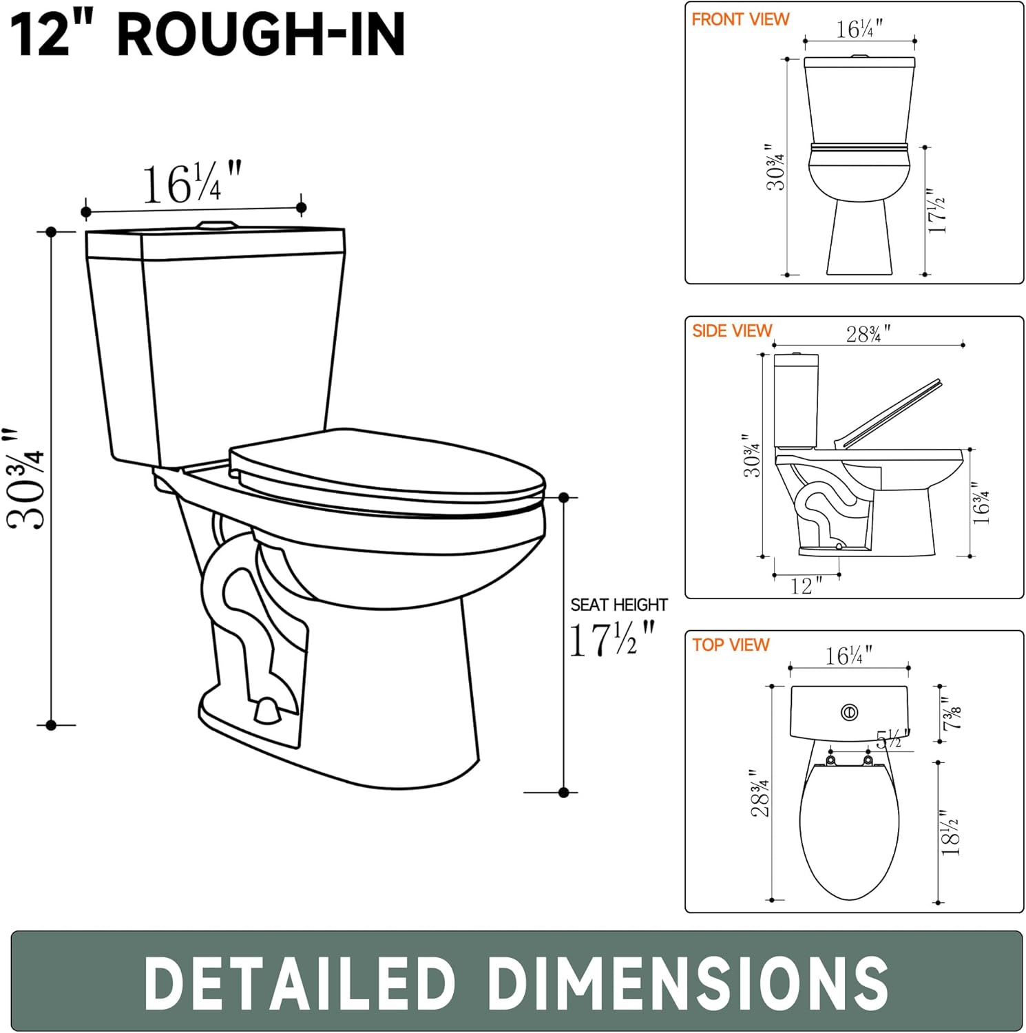 17 Inch Elongated Tall Toilet ADA Height Seat 17.5", Powerful Tornado Flush, Two Piece Dual Flush 1.0/1.28 GPF, 12" Rough-in for Bathroom, Comfort Bowl Heigh 16.75", White