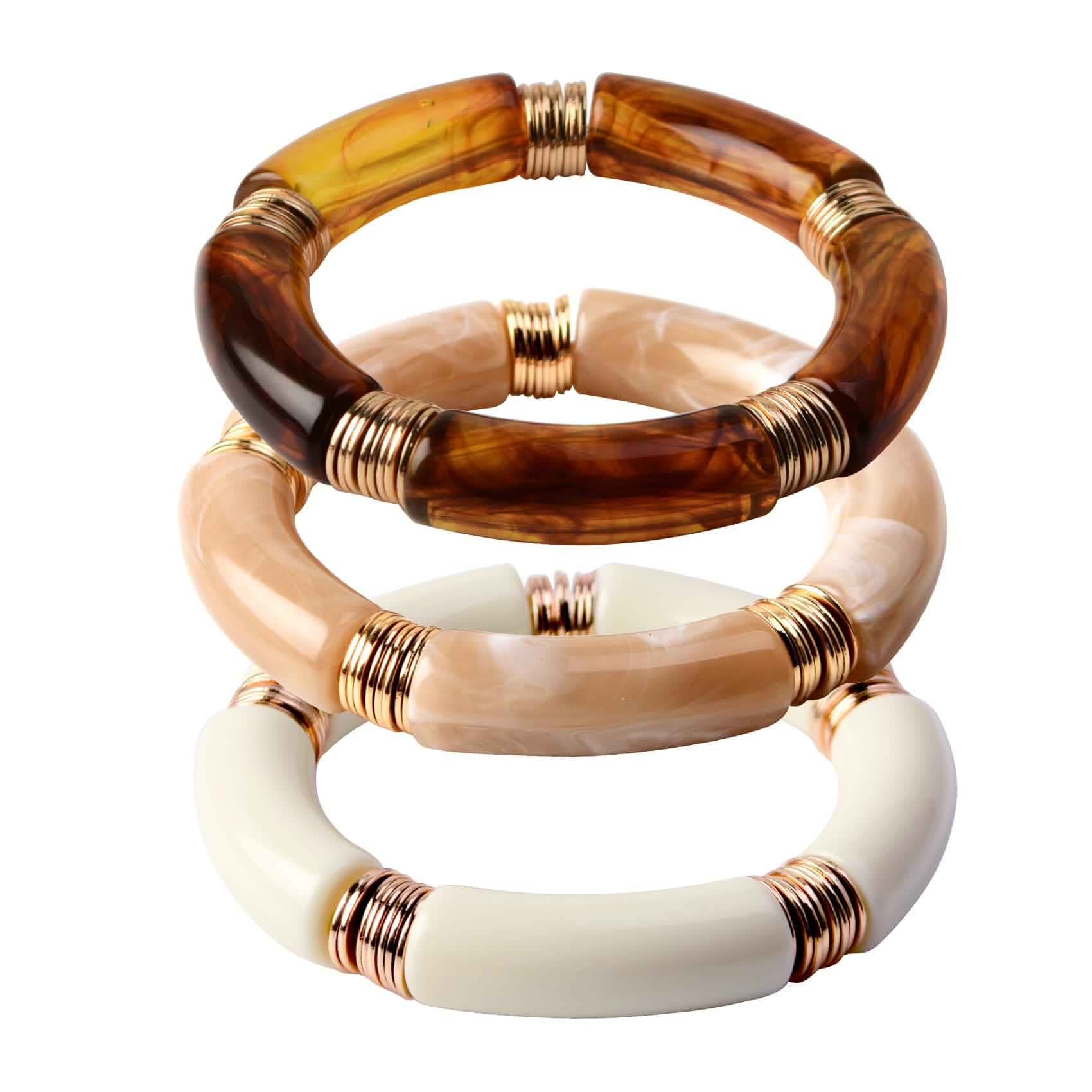 GOOJIDS Simple Beaded Gold Plated Bangles Bracelet Chunky Bamboo Tube Curved Stacking Clear Acrylic Colorful Beads Stretchable Gold Plated Bracelets Set For Women