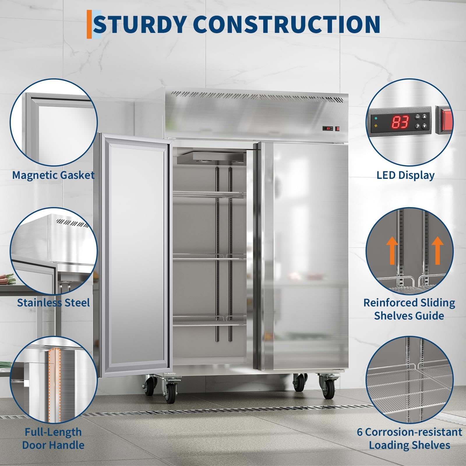 48" Commercial Refrigerator Freezer Combo, 36 Cu.Ft Upright Freezer, Stainless Steel Beverage Cooler, 2-Door Commercial Refrigerator Freezer, Fan Cooling, Auto Defrost, 6 Shelves For Restaurant Shop on Fridge.com - View 6