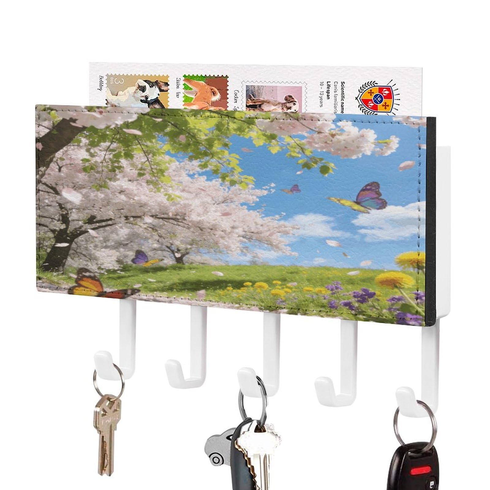 Vstadank White-Style Printemps Key Holder Wall Mount Pu Key Rack Decorative Key And Mail Holder Wall Key Organizer With 5 Key Hooks Key Hanger For Entryway Kitchen Living Room Office Doorway Decor White