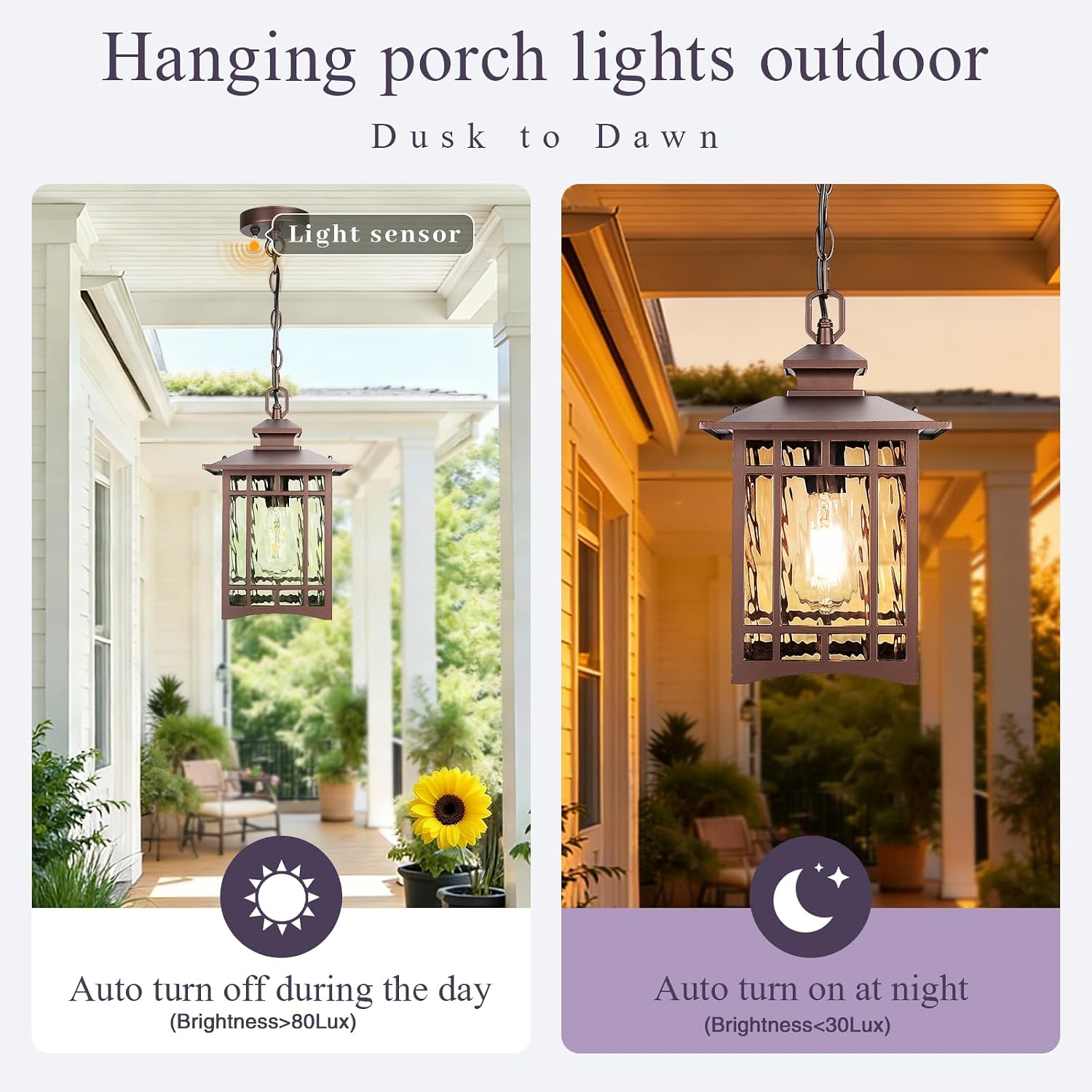 Dusk to Dawn Outdoor Pendant Light, 15 Inch Large Square ORB Oil Rubbed Bronze Exterior Hanging Lantern, Waterproof Anti-Rust Aluminum Outdoor Light with Water Ripple Glass for Porch Patio Entryway