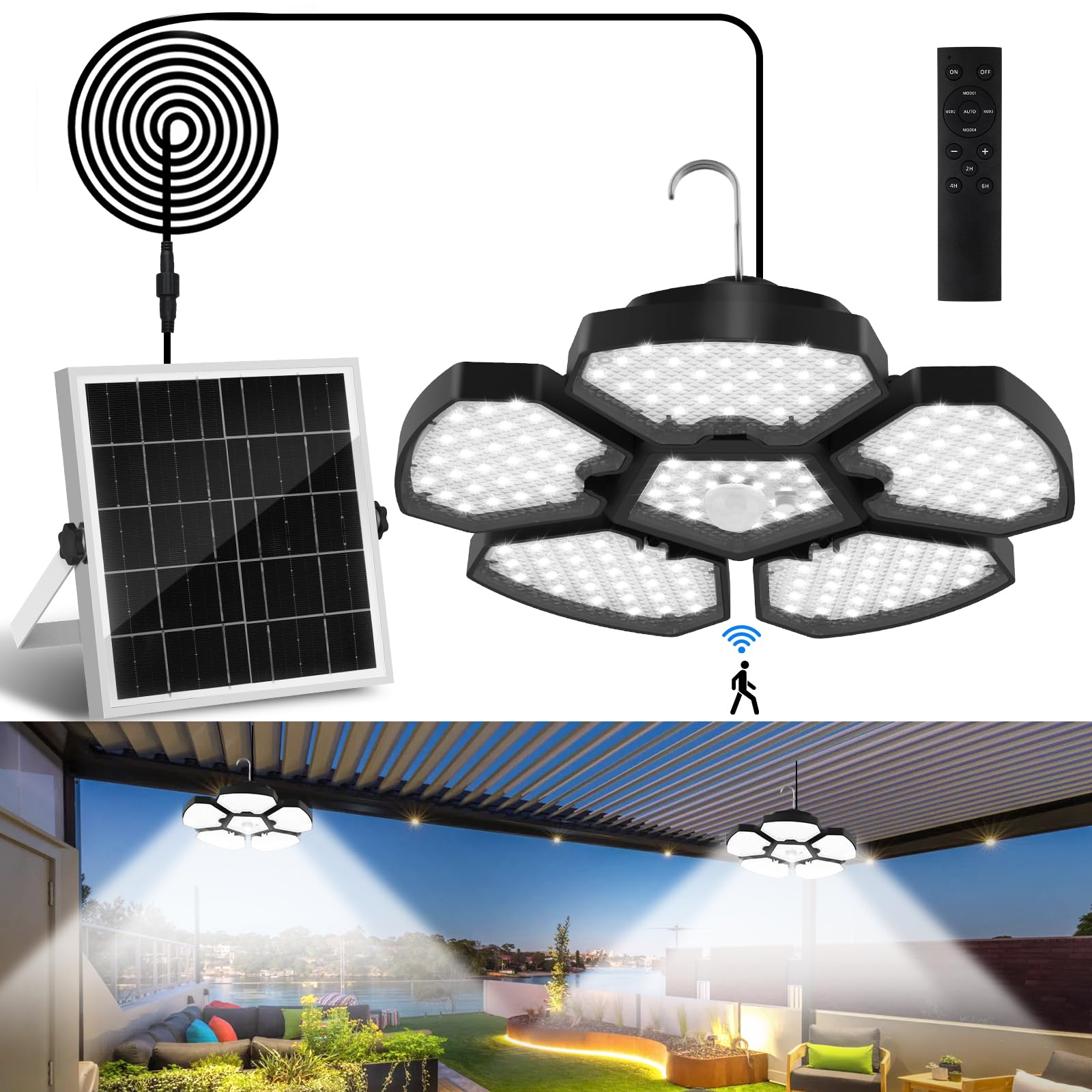 Luce solare per capanno con sensore di movimento, luce per interni con telecomando, 156 LED più luminosi, 5+1 foglie, giorno o notte, impermeabile IP65, per giardino, patio, balcone, fienile, cortile