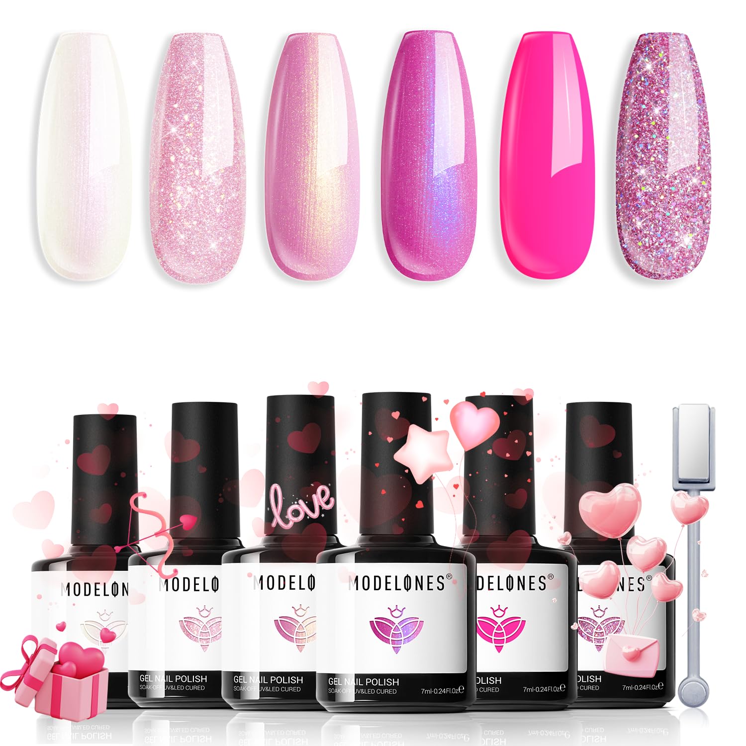 modelones Pink Glitter Gel Nail Polish Set, 6 Colors Valentine's Day Hot Pink Tones Sparkle Pink Shades Shimmer Cat Eye for Women Girl Nail Lovers