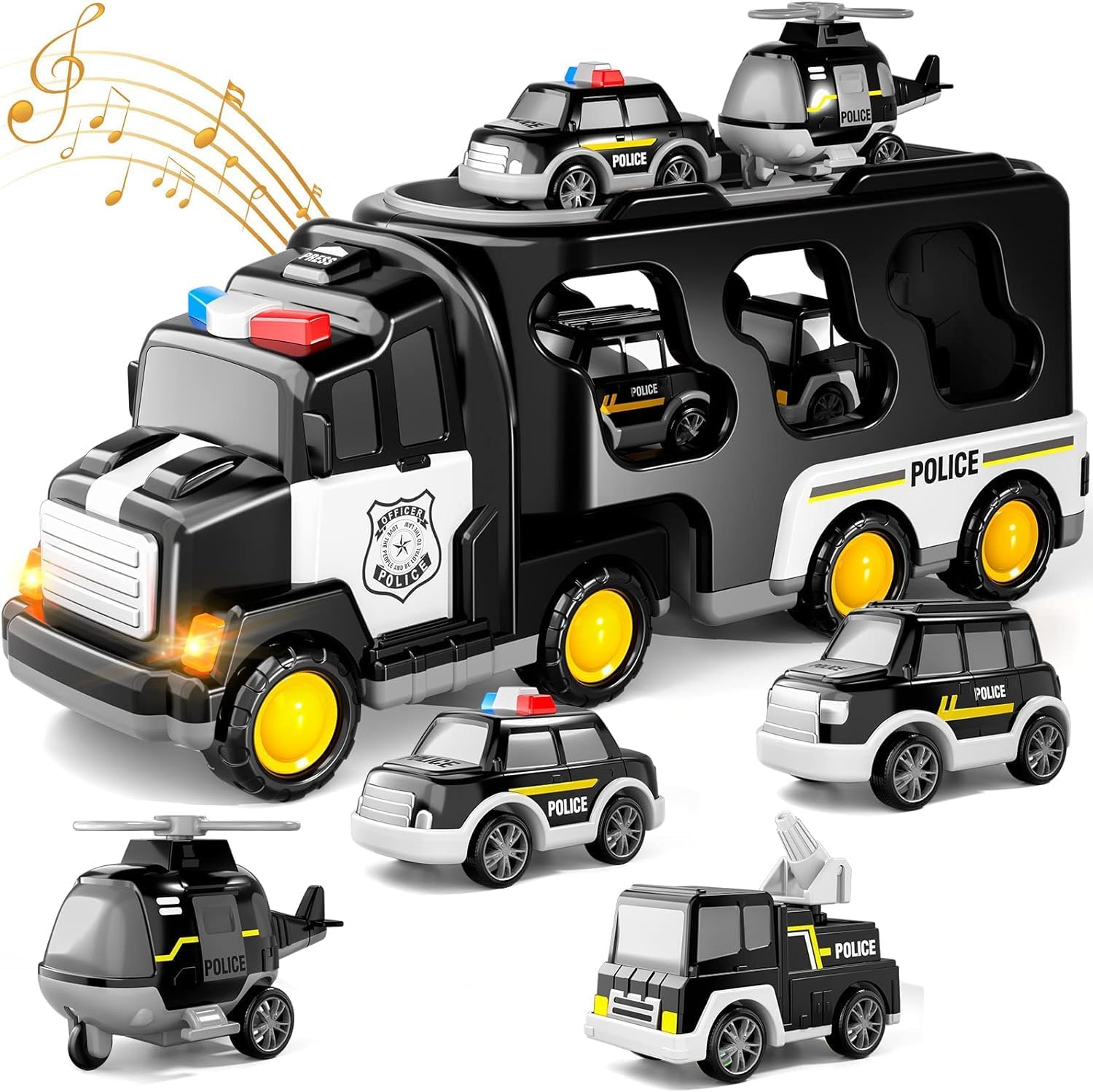 Police Truck Toys Toddlers 3 4 5 6 Years Old,5 in 1 Truck Friction Power Toy Car with Light and Sound Transport Vehicle Carrier Truck, Car Toys Set for Boys & Girls 3-5 Years Old