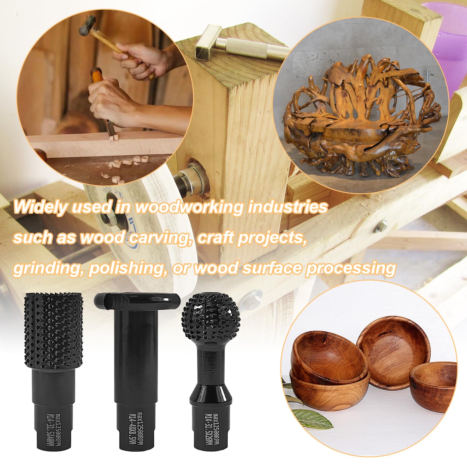 3 Pièces Fraises à Billes Sculpture Bois Kit, Ouvre-Trou, Meuleuse à Billes et Rainureuse, M14 Gouges Sculpture Bois Forfaits Combinés, Long 85mm Outillage Bois, pour le Ponçage et la Coupe du Bois