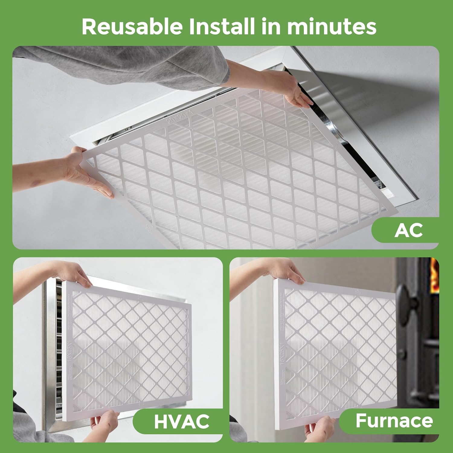 Reusable Air Filter Kit, MERV 8, Compatible with AC & Furnace System, Reusable & Washable 1 ABS Plastic Frame & 5 Replaceable Filter Media. (20x25x1in)