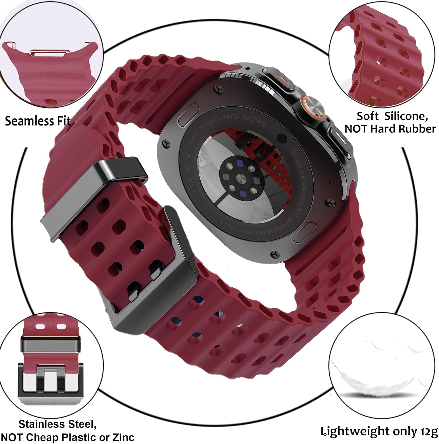 6 Pack Marine Soft Silicone Sport Bands Compatible with Samsung Galaxy Watch 7 Ultra 47mm for Men/Women with Black/Titanium Gray/Silver Buckle image 2