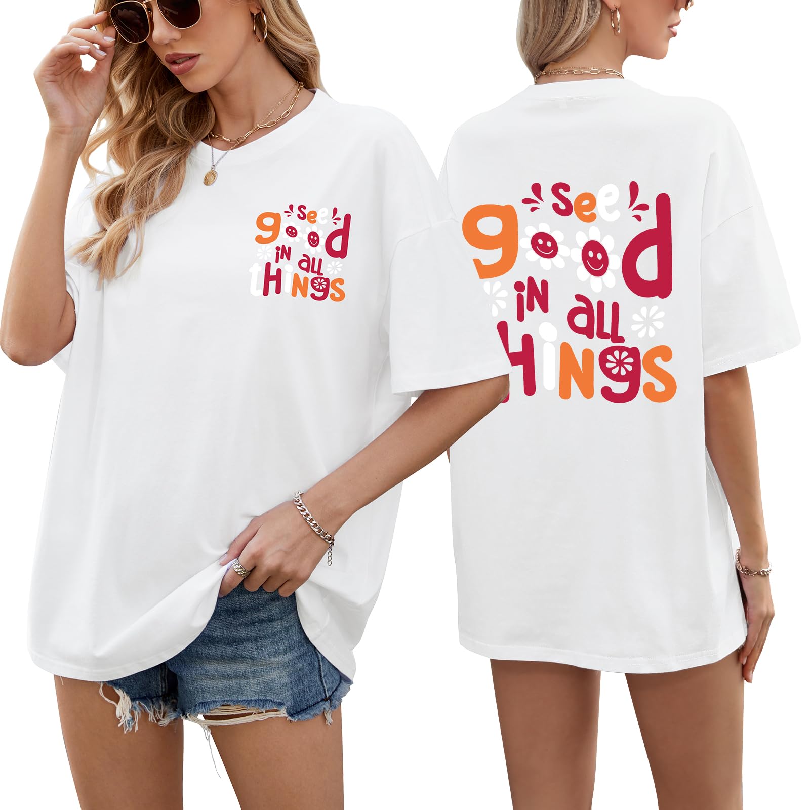 PASUDA Oversized T-Shirt Damen Sommer Oberteile Baumwolle Kurzärmeliges Rundhals Blumendruck Tshirt Casual Locker Basic T Shirt Teenager Mädchen Tunika Bluse