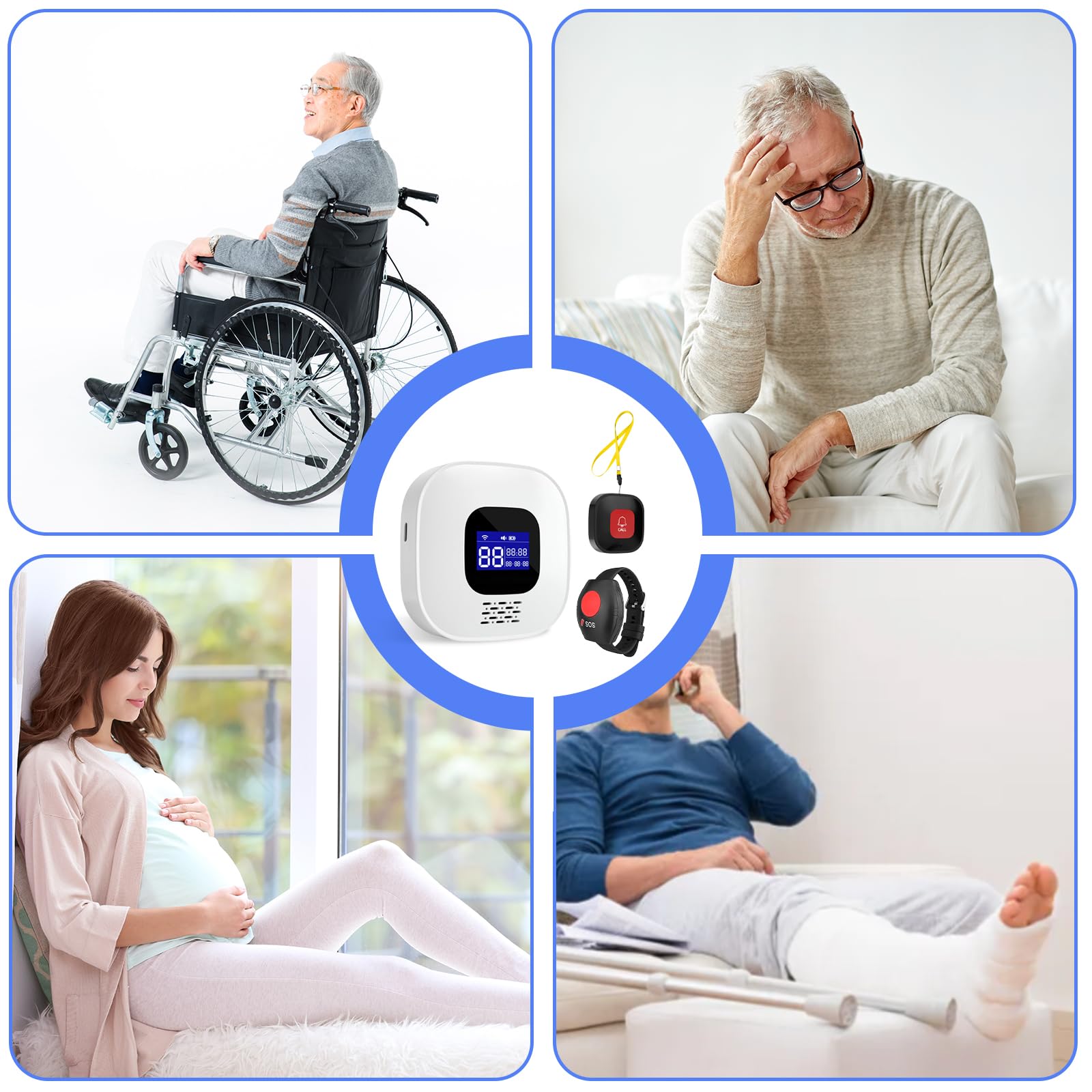 Bouton d'appel d'urgence pour personnes âgées, WiFi Tuya Smart Seniors Bouton d'urgence Système d'alerte, Bracelet SOS pour patients et handicapés (1 récepteur + bracelet d'appel d'urgence + 2