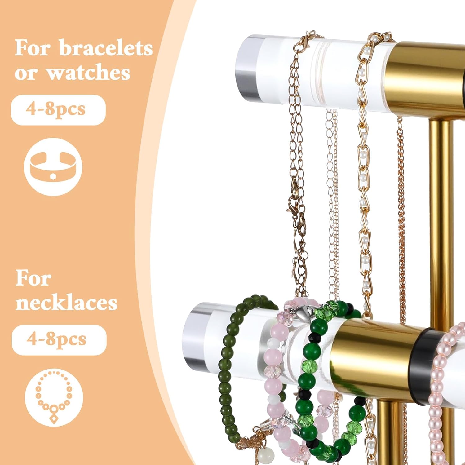 Necklace Holder Bracelet Holder, 2-Tier Acrylic Jewelry Display Stand Gold Jewelry Tower Stand Crystal T Bar jewelry-Organizer Gift for Women(2-Tier 1pc)
