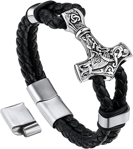 Bandmax Pulsera trenzada de cuero negro para hombre con colgante gótico punk, pulsera de cuero con hebilla de acero inoxidable, paquete de regalo