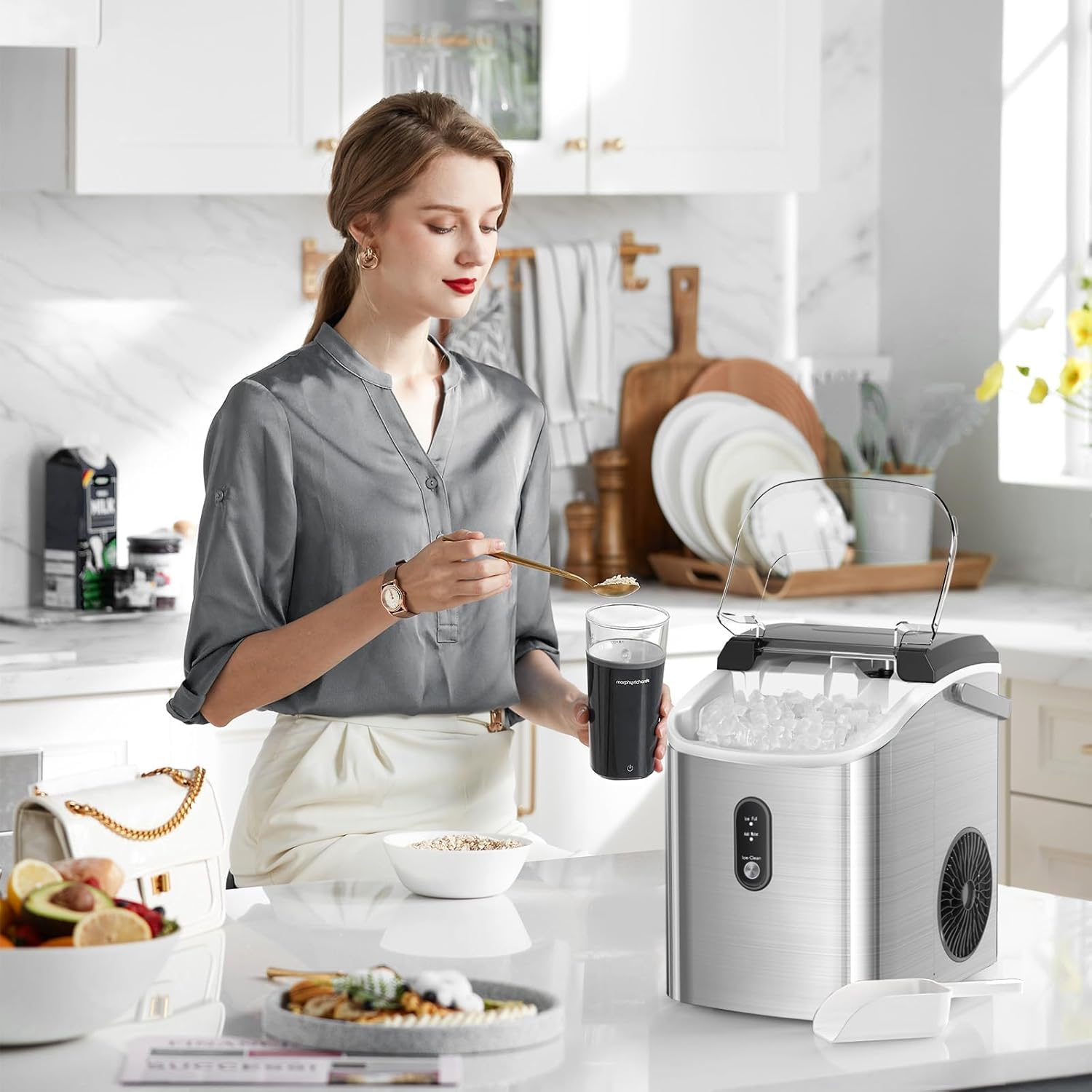 Croze Nugget Ice Maker Countertop with Self-Cleaning Function, Sonic Ice Machine with Handle, Compact Design for Home Use (Stainless Steel Silver)