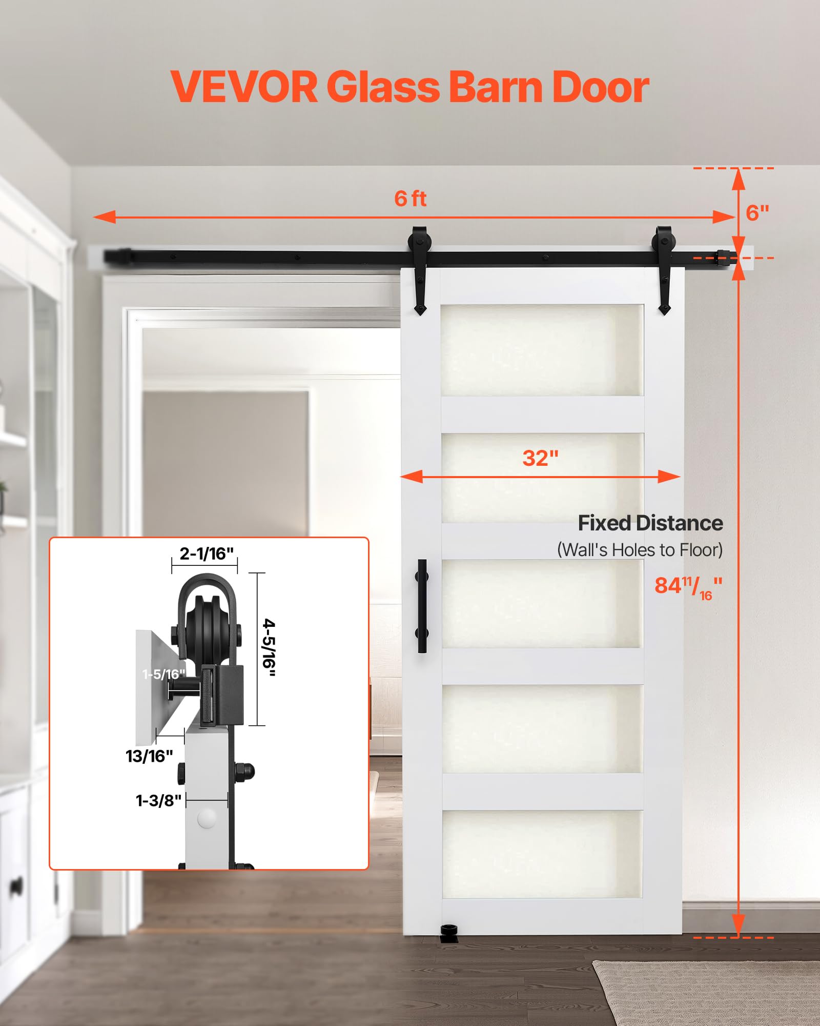 VEVOR Puerta Corrediza de Granero, Panel de la Puerta de MDF y Vidrio 813 x 2134 mm con Kit de Herrajes, Superficie de PVC Impermeable y Marco en H, Deslizamiento Suave para Sala de Estar y Baño