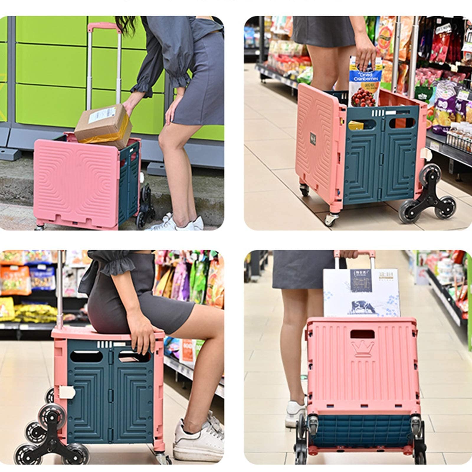 Folding Hand Truck Carts Wagons Cart Shopping Picnic Cart Camping Portable Trolley Climb Stairs Portable Folding Trolley (Color : Pink Size : One Szie) (Red One Szie) (Red One Szie)