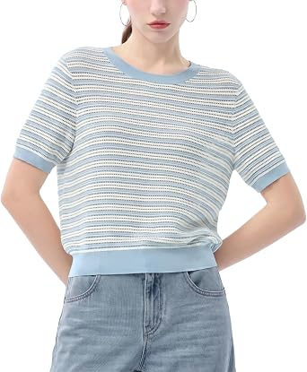 GOELIA Womens T Shirts Summer Tencel White Short Sleeve Crew Neck Knit Top Jacquard Embroidered Fitted Tops Work Going Out