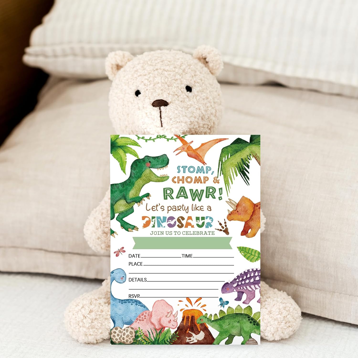 Whaline 25 Sets Dinosaur Birthday Invitation with Envelope Sticker Watercolor Green Jurassic Invitation Card Cute Blank Invites for Baby Shower Party, 5 x 7 Inch