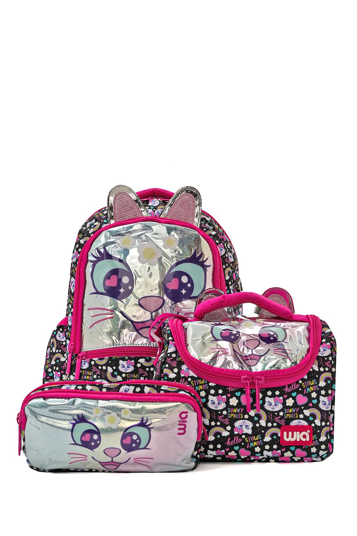 Wia Sweet Cat 3 Bölmeli Okul Çanta Seti, Tek Ebat, SWG-007, Siyah, kız-çocuk