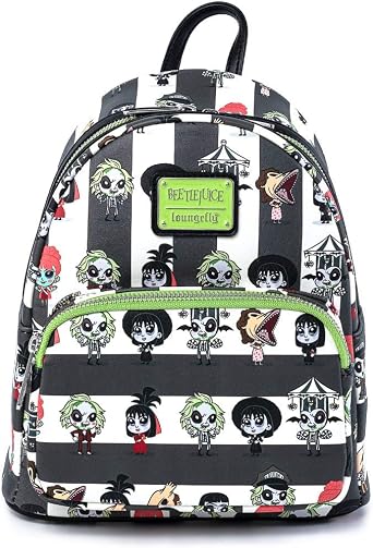 Loungefly Beetlejuice Chibi في جميع أنحاء طباعة حقيبة الكتف مزدوجة حزام المرأة