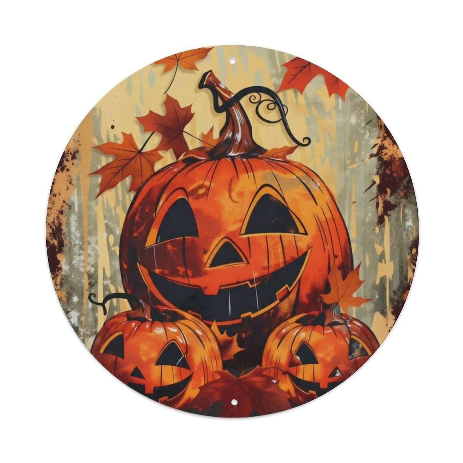Vintage Halloween Pumpkin Maple Leaf Round Sign Vintage Aluminium Metal Sign, Retro Wall Decor for Home, Bar, Garage & Farmhouse 20x20cm