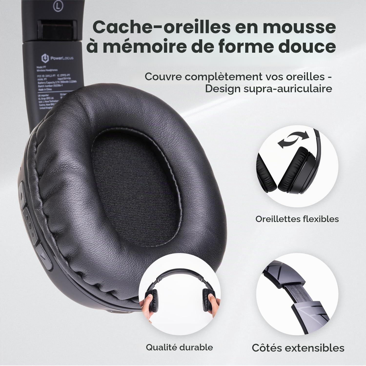 PowerLocus Casque Bluetooth sans Fil, 60 Heures, Casque Audio Bluetooth Pliable avec Microphone, Casque sur l'oreille Confortable, Son stéréo pour Voyage/iPhone/iPad/TV/PC