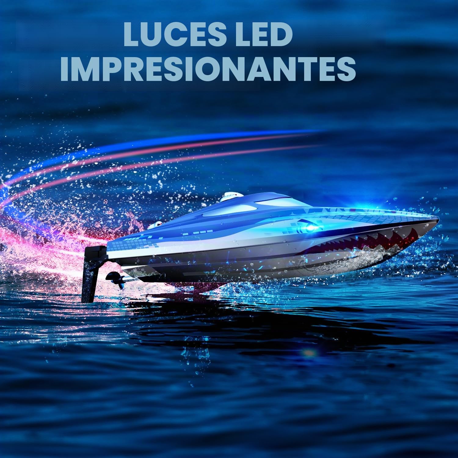 DEERC RC Boat con iluminación LED, barco tiburón teledirigido para piscinas y lagos, más de 20 km/h, barco de carreras de 2,4 GHz, juguete de piscina para niños a partir de 8 años