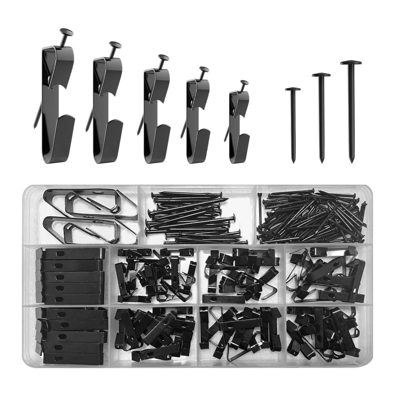 220 Pcs Picture Hangers Kit, 5 Sizes, 10-100lb Hooks, Frame & Canvas Hanger Set (Black)
