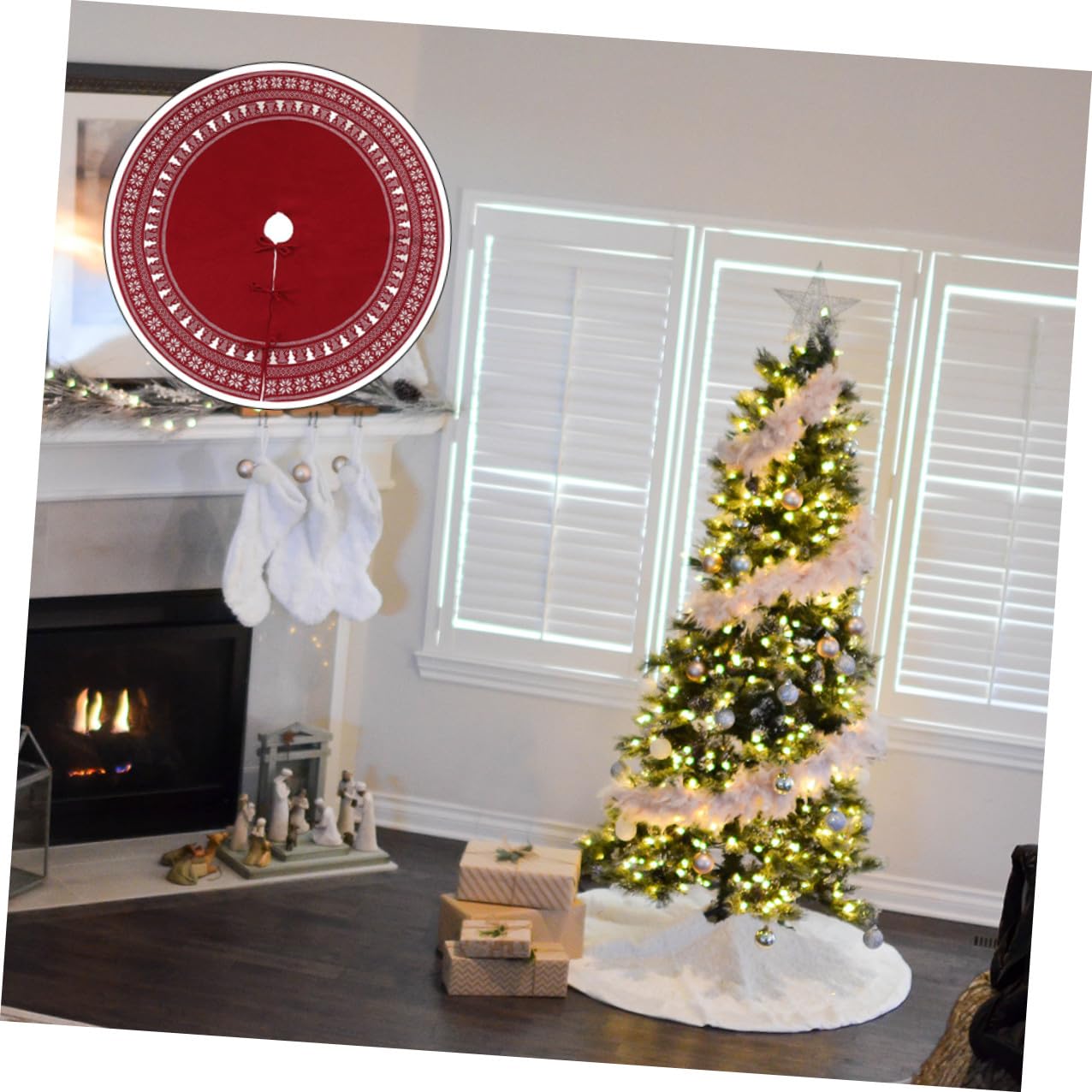 Sosoport Weihnachtsbaumschürze aus Gestricktem Material mit Schneeflocken und Baum-Elementen Dekorationsdecke für Weihnachtsbaum und Feiertage