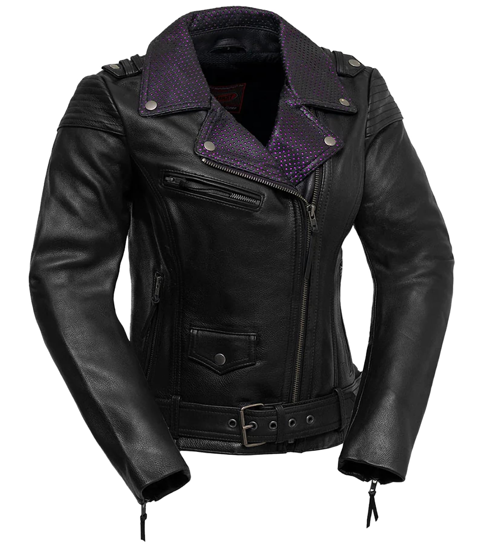First Mfg Co - Iris - Women's Motorcycle Biker Riding Black Leather Jacket - 4X Large - Adjustable Belt Armor Pockets