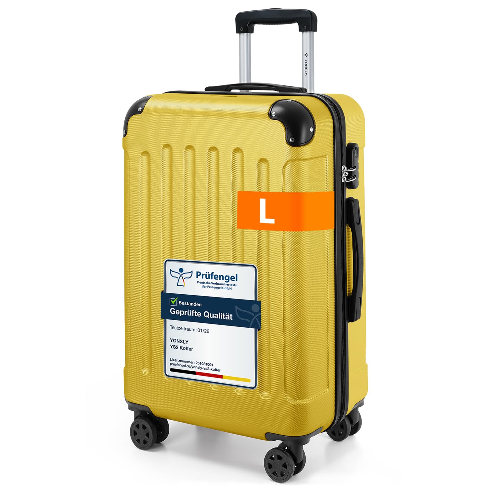 YONSLY Gepäck Reisekoffer, Trolley Rollkoffer Handgepäck, Hartschalenreisekoffer mit 360° Lenkrollen, Zahlenschloss, Mehrstufiger Teleskopgriff