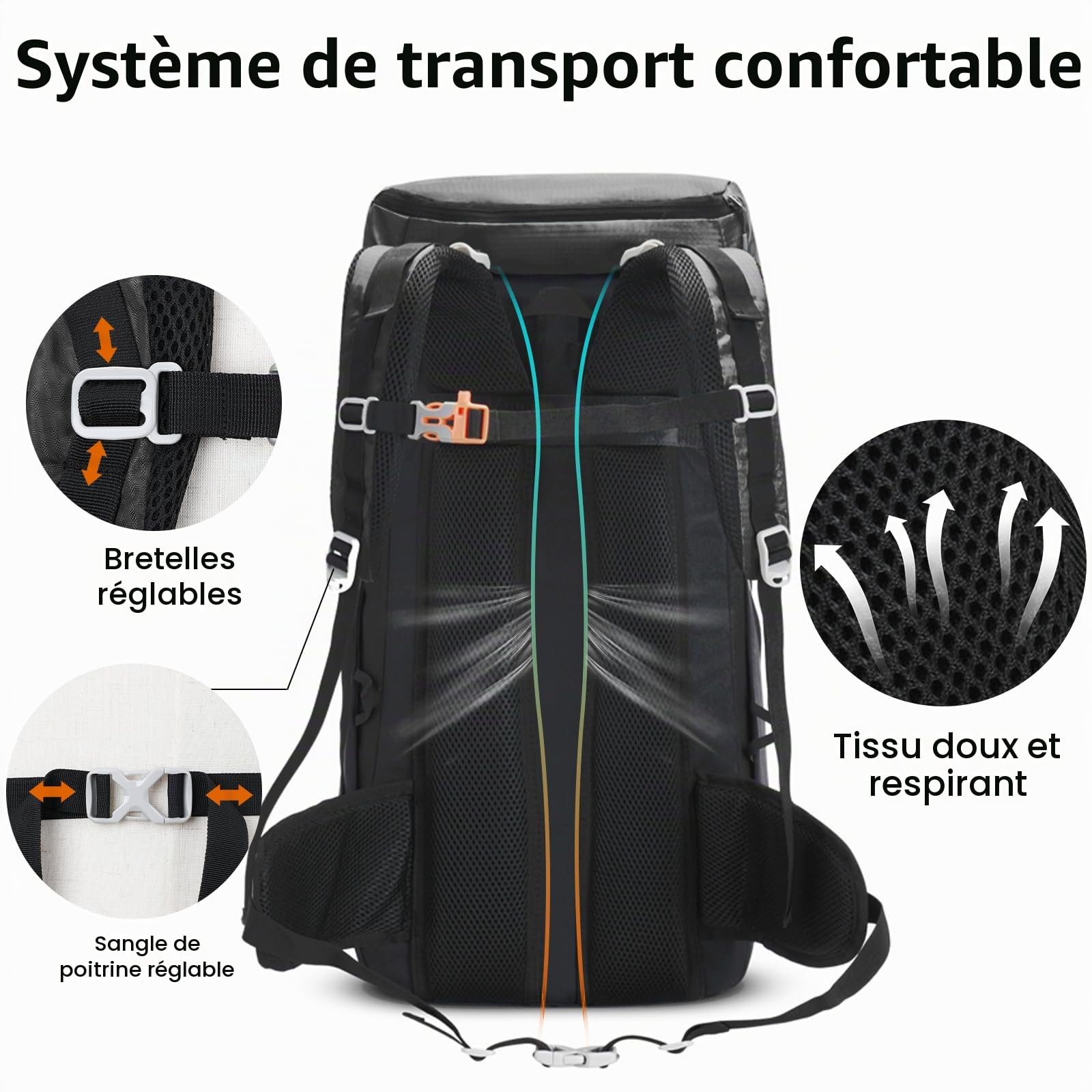 Grand Sac a Dos Randonnée 50L, Etanche Sac a Dos de Voyage avec Ouverture Frontale, Léger Sac à Dos de Trekking pour Camping, Sac à Dos Sport pour Loisir Alpinisme, Noir