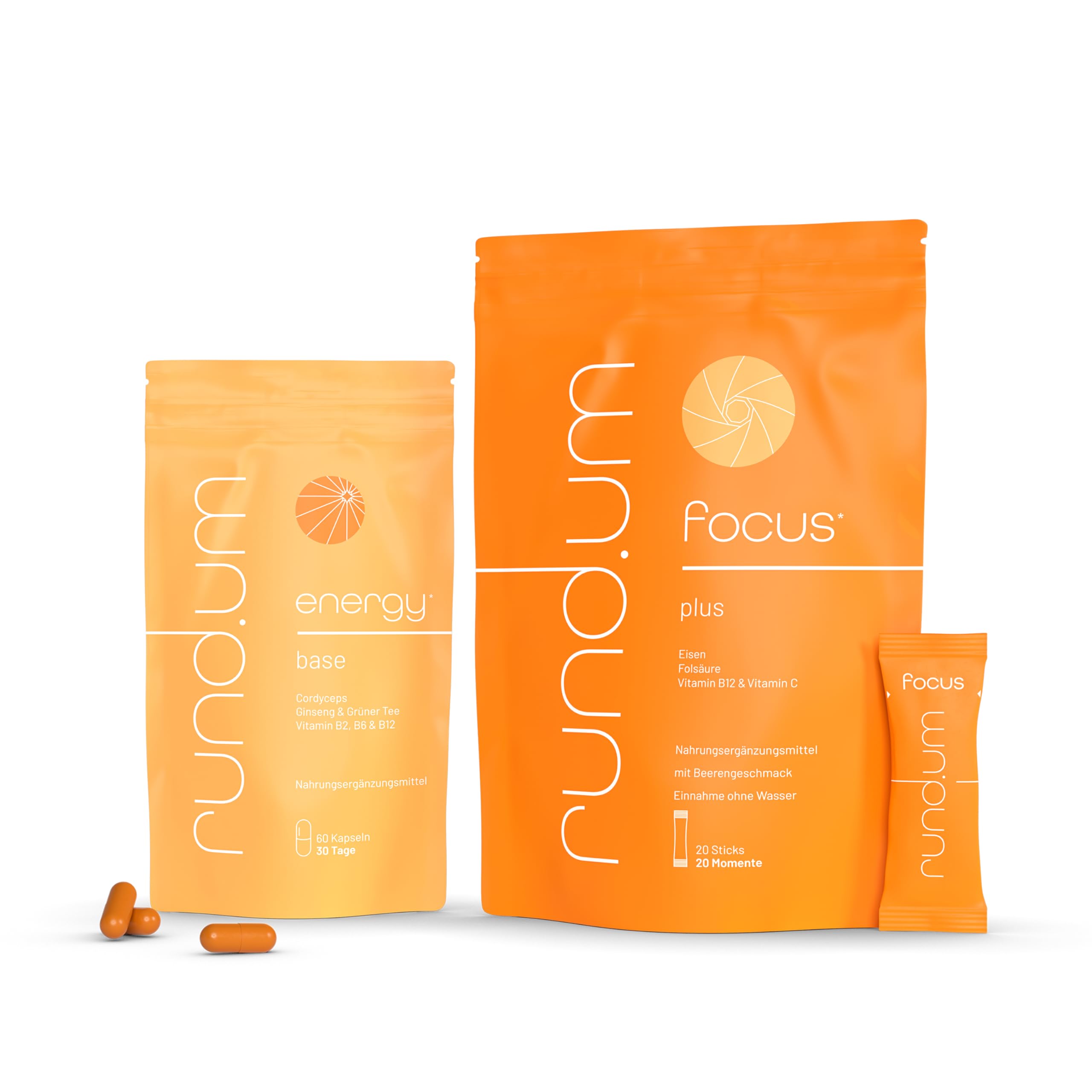 rund.um energy 2er-Set - 60 energy Kapseln und 20 focus Sticks - Nahrungsergänzungsmittel für mehr Energie und Konzentration - vegan, laktose- und glutenfrei