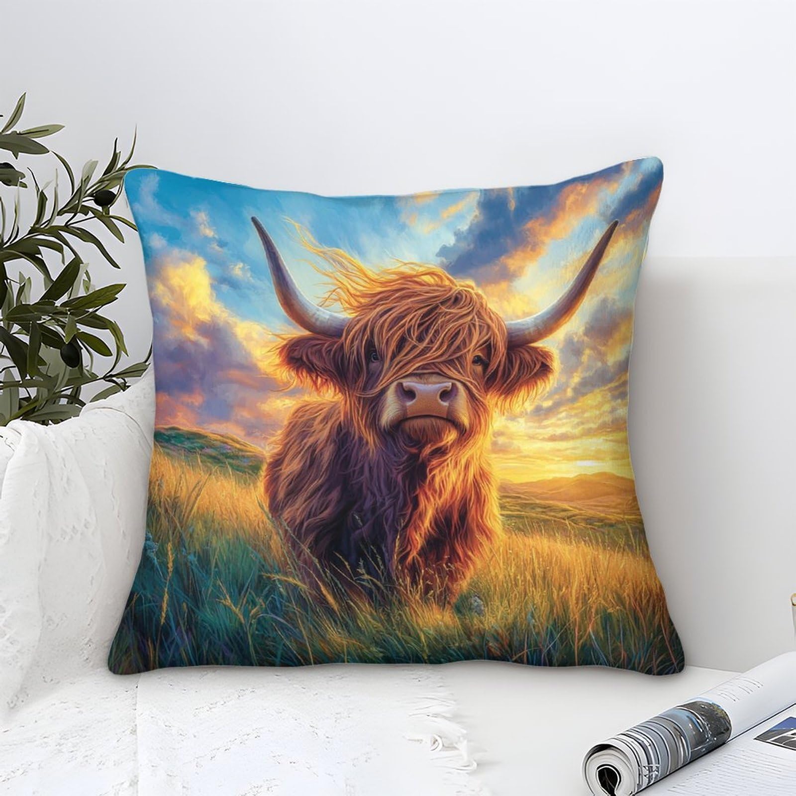 Yyvkpmlxc Style-5 Pillow Cases Highland Cow Modern Art Decorative,Pastoral Sunset Pattern Square Cushion Cases Soft Polyester Throw Pillow Cover Home For Livingroom Outdoor Garden Sofa Decor 45X45cm