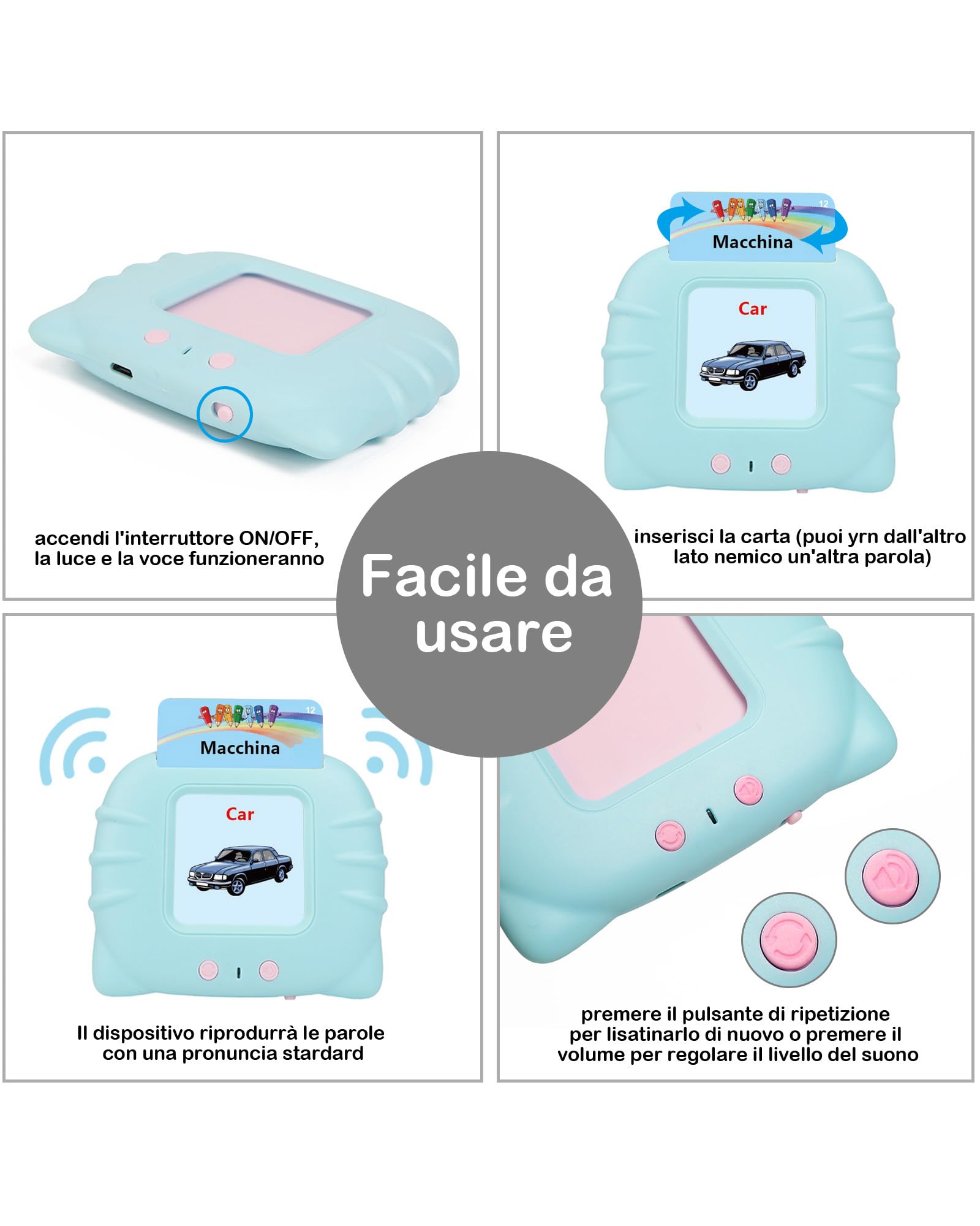 Schede Flash Cards Parlanti,Giocattoli di Apprendimento per Bambini dai 1-12 Anni, Educativi Prescolari da Ascoltare e Imparare di Base 510 Parole(Blu italiano + inglese)