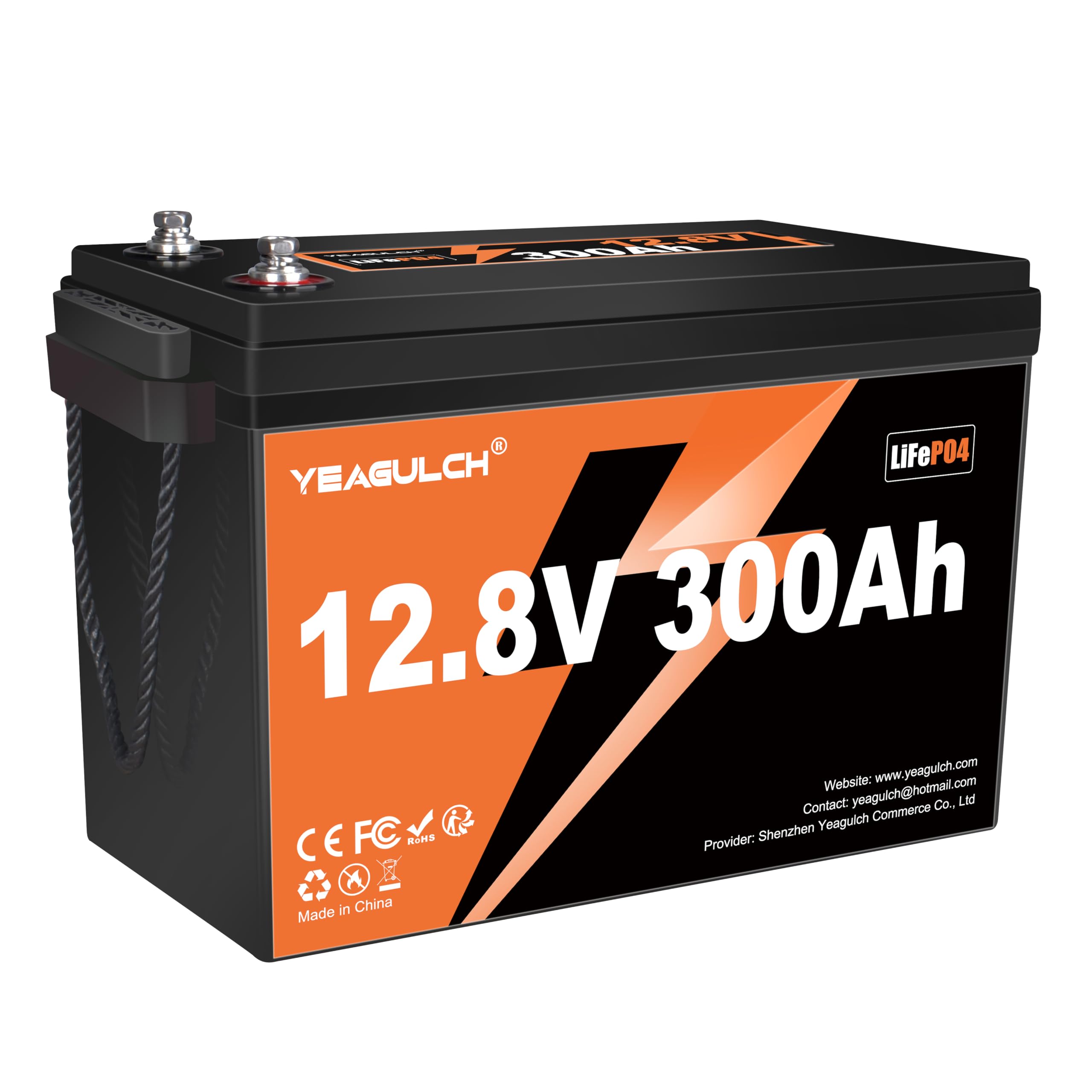 Yeagulch Batería de Litio LiFePO4 12V 300Ah con BMS 200A, 3840Wh | Protección de Baja Temperatura, 15000 Ciclos, para Autocaravanas de Larga Estancia, Inversores y Almacenamiento Solar