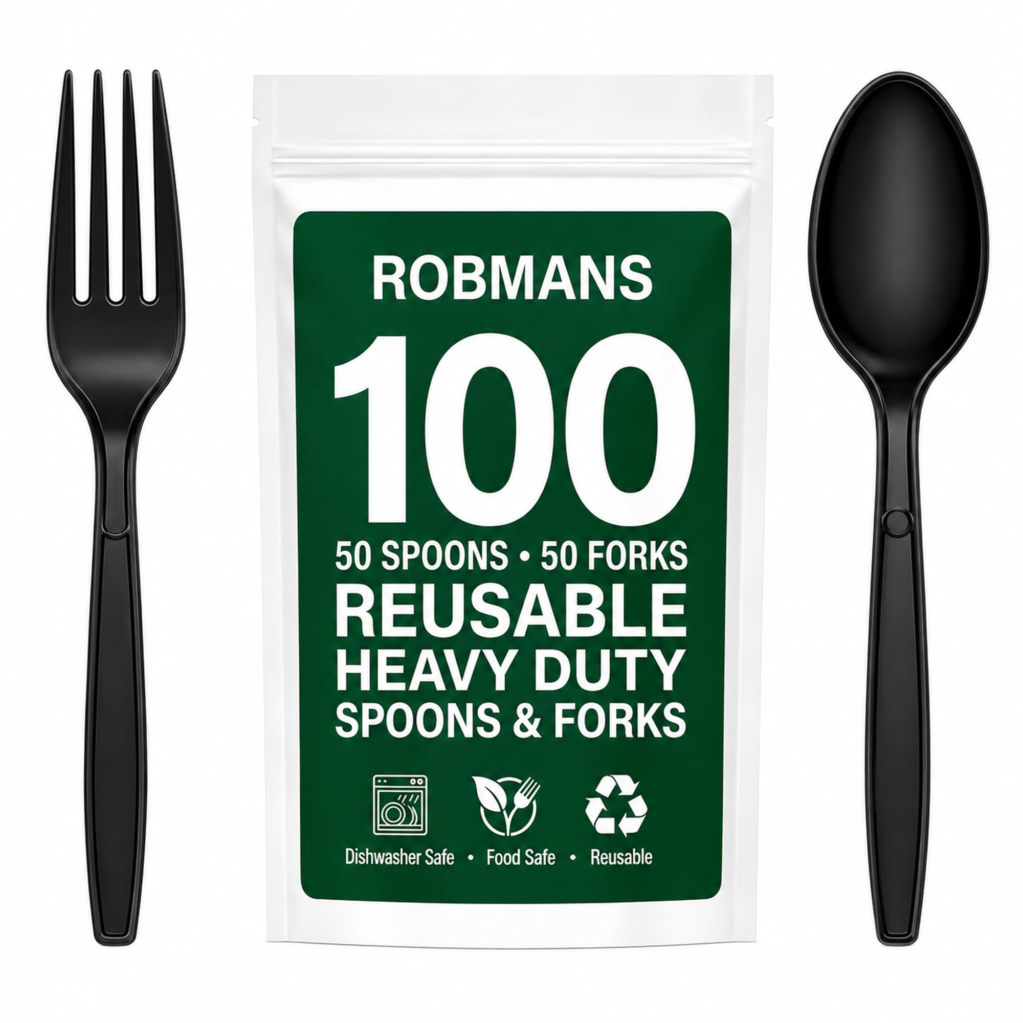 100 Pack Black Reusable Cutlery Set – 50 Forks & 50 Spoons – Heavy Duty Reusable Party Cutlery for Buffets, BBQs, Picnics, Weddings & Outdoor Events – Dishwasher Safe (100, 100 PCS (Mixed))