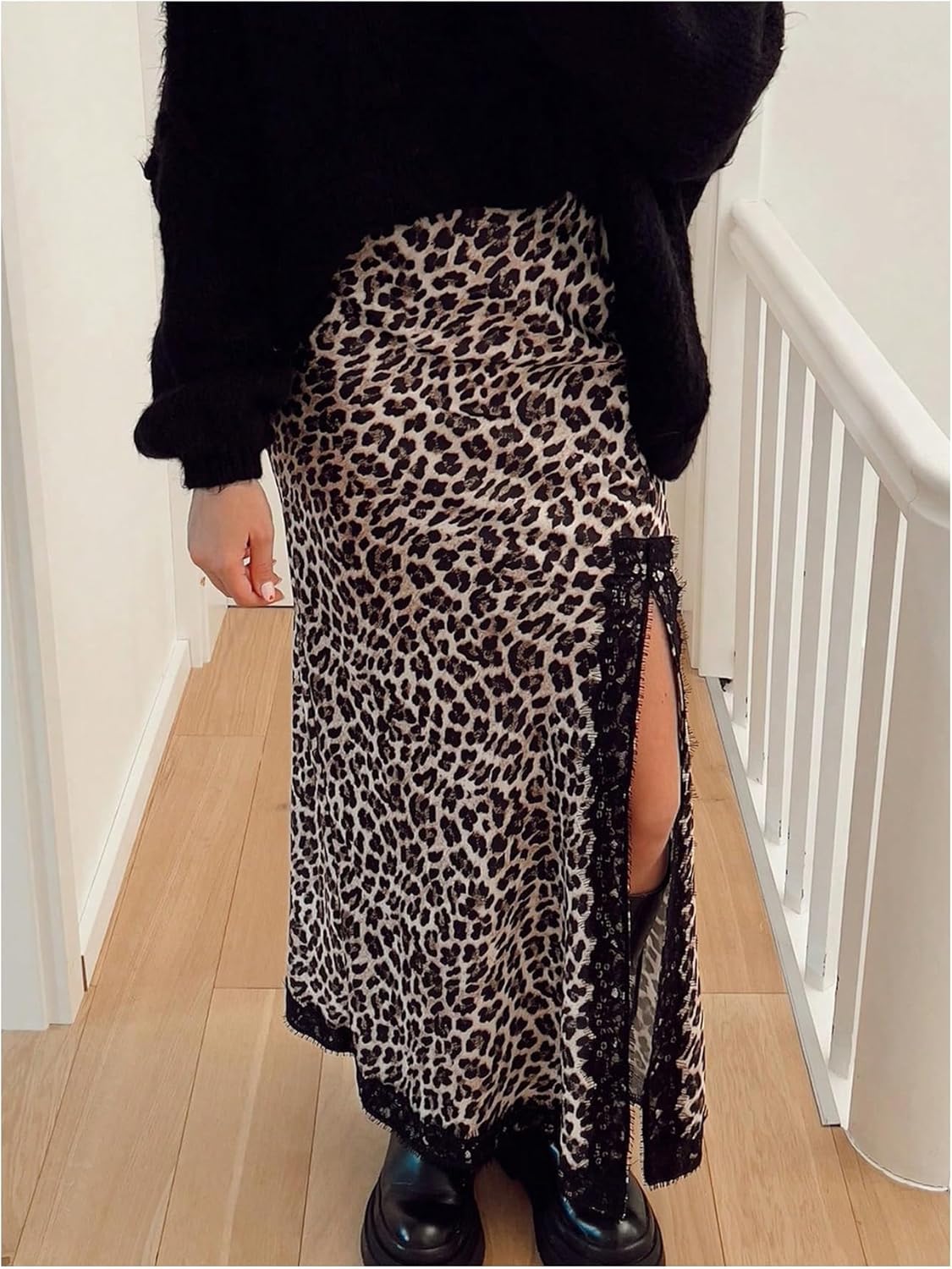 SweatyRocks Women's Leopard Print High Rise Midi Skirt Casual Lace Trim Thigh Slit Long Skirts Party Outfits - Image 4