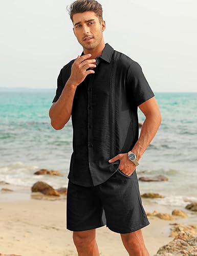 Miniatura 2 de LecGee Conjunto de ropa de lino para hombre con botones y pantalones cortos de guayabera cubana, conjunto de 2 piezas
